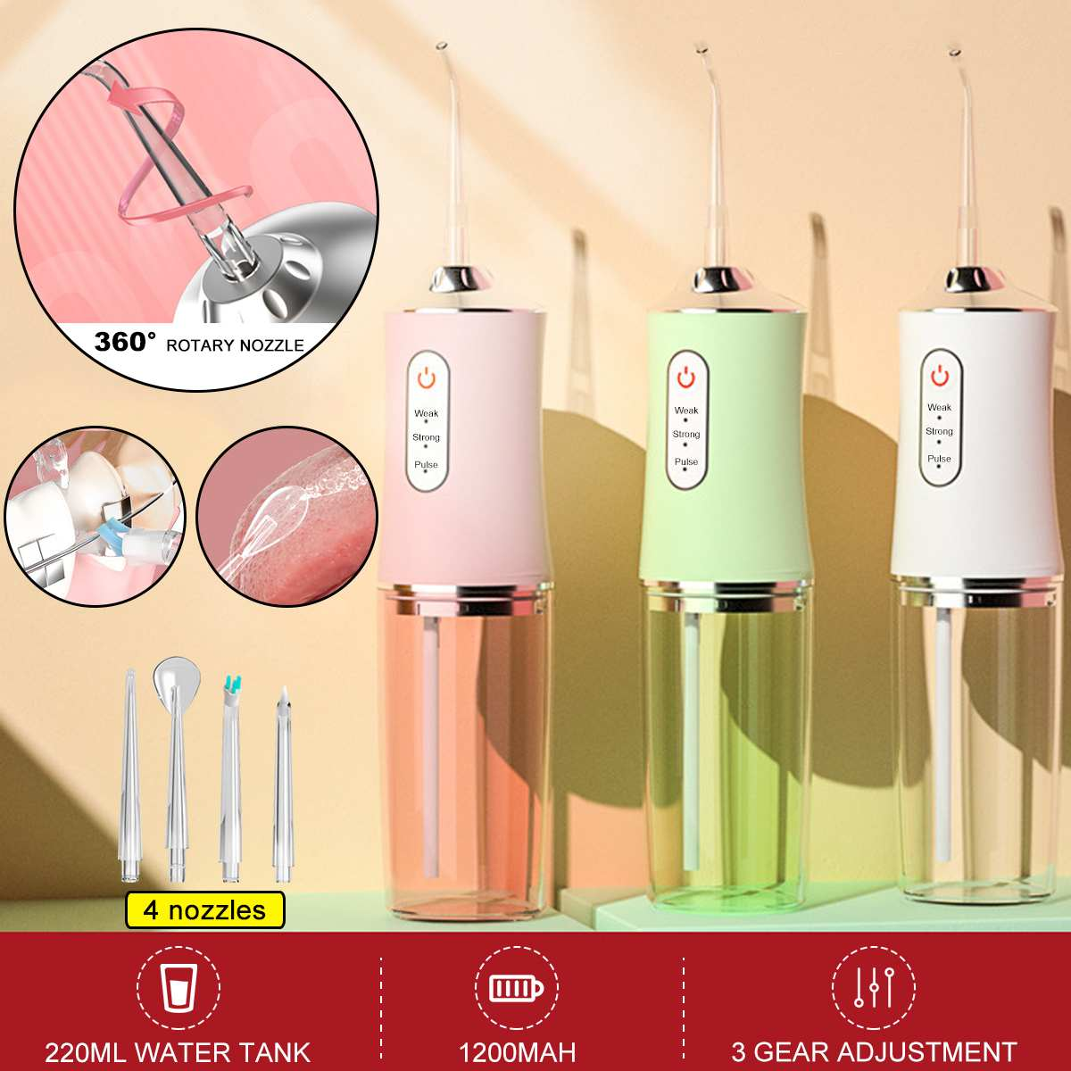 Water Flosser Cordless Teeth Cleaner with 3 Modes Rechargeable IPX7 Waterproof Dental Oral Irrigator for Travel Home Bra