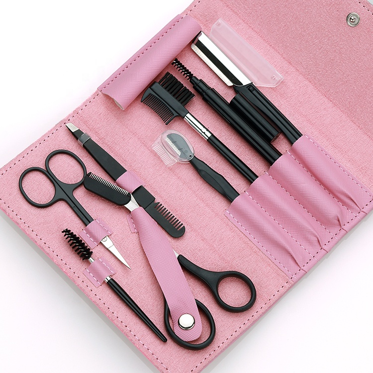 Pink 8 pieces Makeup Tool Eyebrow Clip Knife Razor Set Black Eyebrow trimmer Eyelash Scissors Brush Pencil Eyebrow Tweez