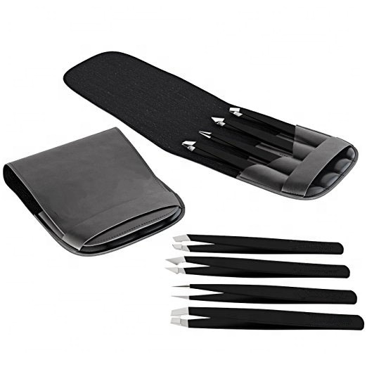 Professional And Personal Use Eyebrow Tweezers Set With Traveling Case Straight Slanted Eyebrow Tweezers
