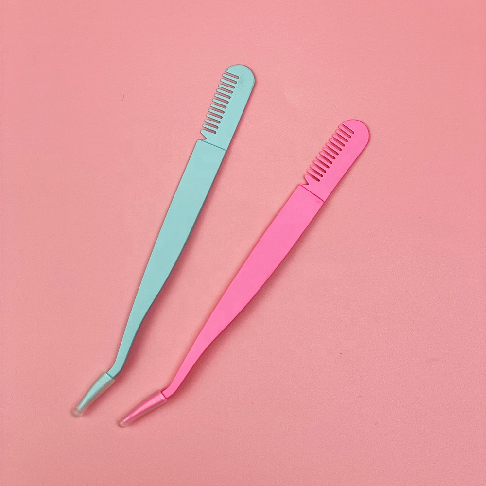 Private Label  Volume Lash Extension Tool Black White Blue Pink Eyelashes Tweezers With Comb