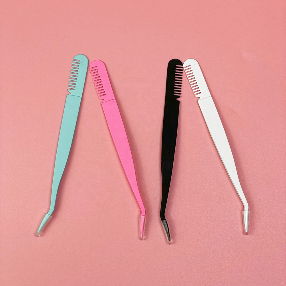 Private Label  Volume Lash Extension Tool Black White Blue Pink Eyelashes Tweezers With Comb