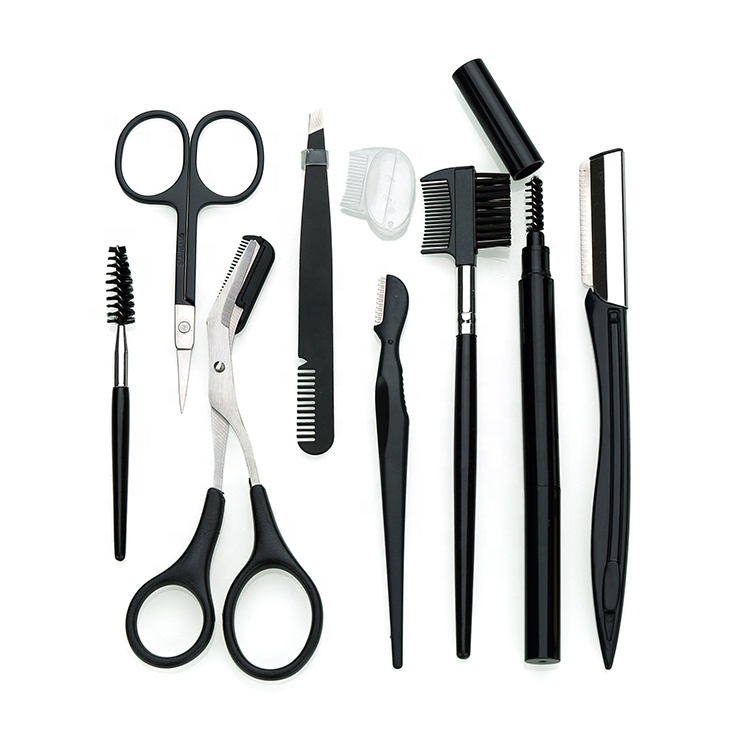 Pink 8 pieces Makeup Tool Eyebrow Clip Knife Razor Set Black Eyebrow trimmer Eyelash Scissors Brush Pencil Eyebrow Tweez