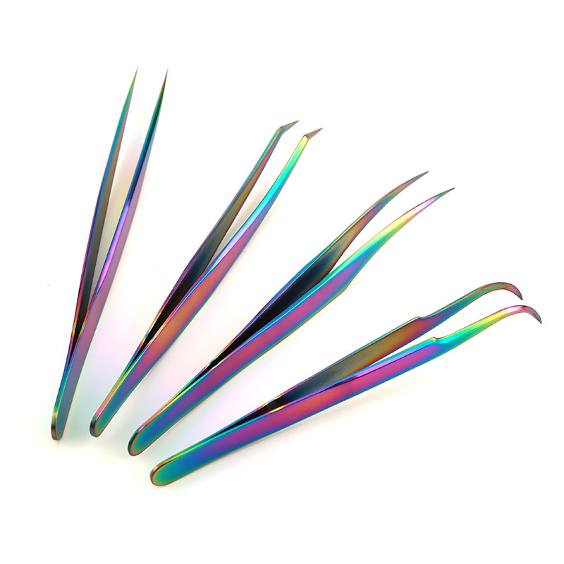 Popular Rainbow Stainless Steel  Applicator Fake Eyelash Eyelash Extension Tweezers