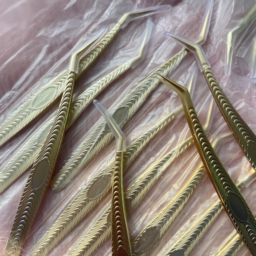   Golden Color Eyelash Extension Tweezers Kits tweezers Professional Stainless Steel Volume Eyebrow Tweezer