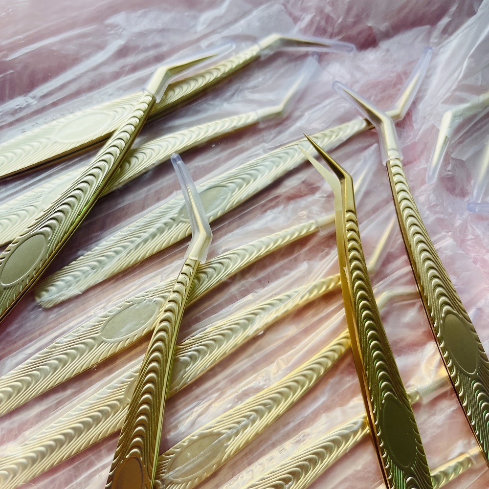   Golden Color Eyelash Extension Tweezers Kits tweezers Professional Stainless Steel Volume Eyebrow Tweezer