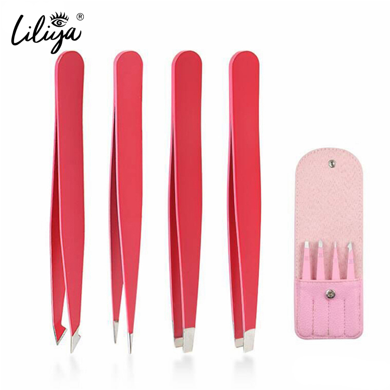 Professional Stainless Steel Tweezers 4Pcs Brows Eyebrow Hair Remove Tweezers Set