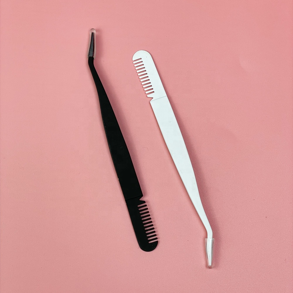 Private Label  Volume Lash Extension Tool Black White Blue Pink Eyelashes Tweezers With Comb