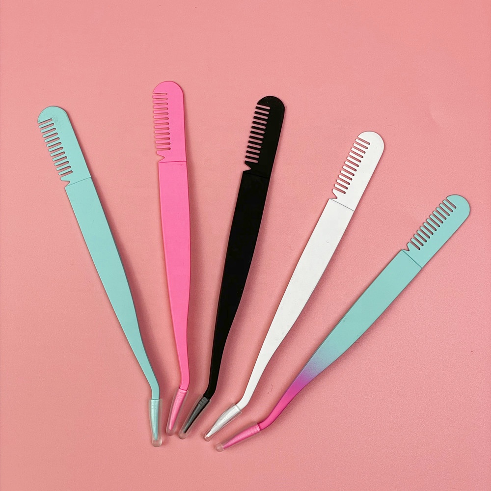 Private Label  Volume Lash Extension Tool Black White Blue Pink Eyelashes Tweezers With Comb