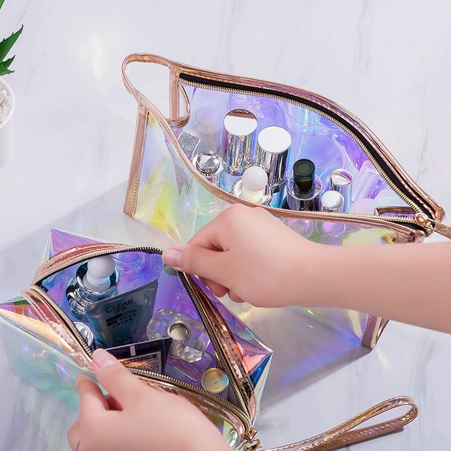 Mini Small Personalized Holographic Pvc Cosmetic Pouch Make Up Bag Beauty Case Makeup Bag Cosmetic Bags