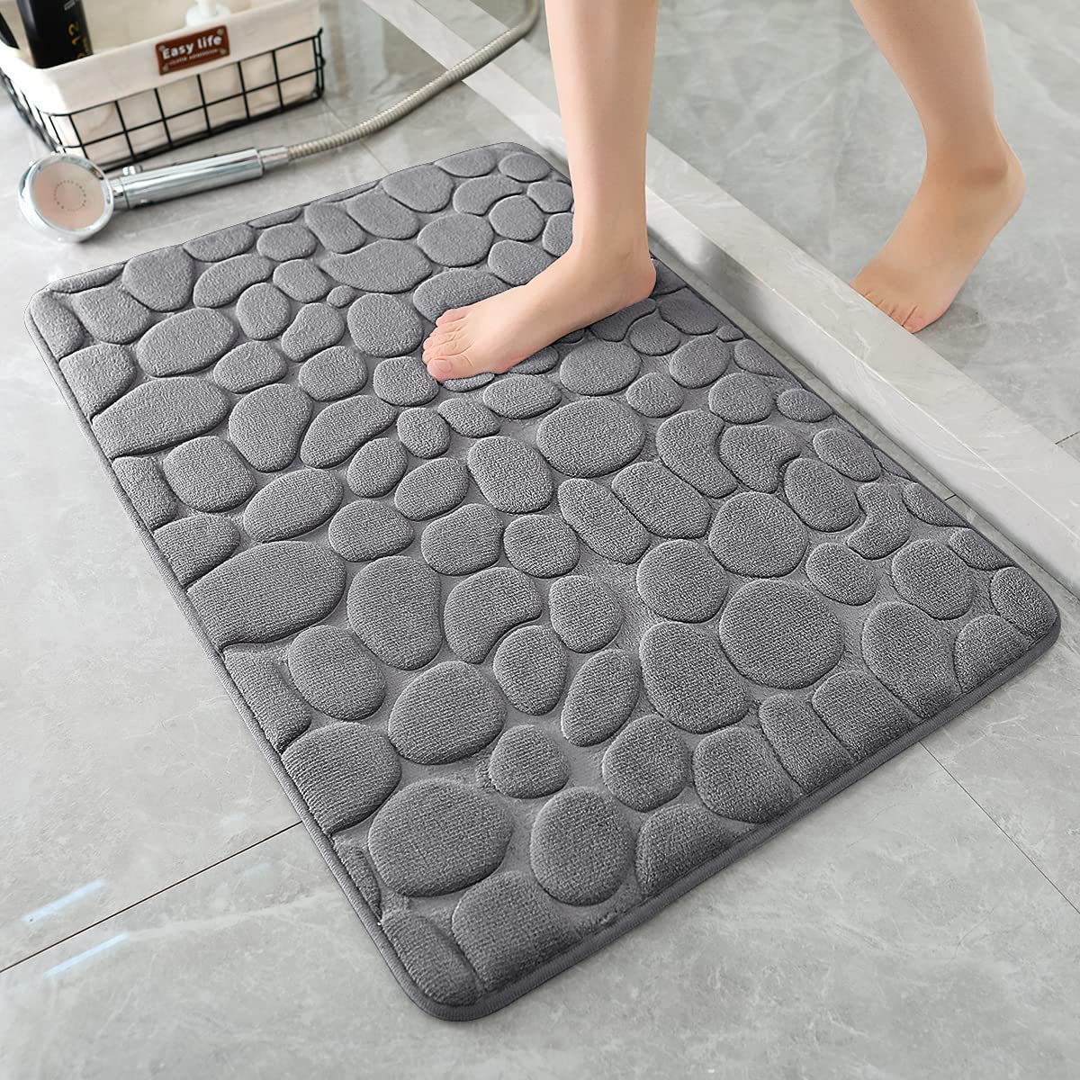 Cobblestone Memory Foam Bathroom Shower Floor Mat Rugs Quick Dry Absorbent Sutera Non-Slip Stone Bath Mat