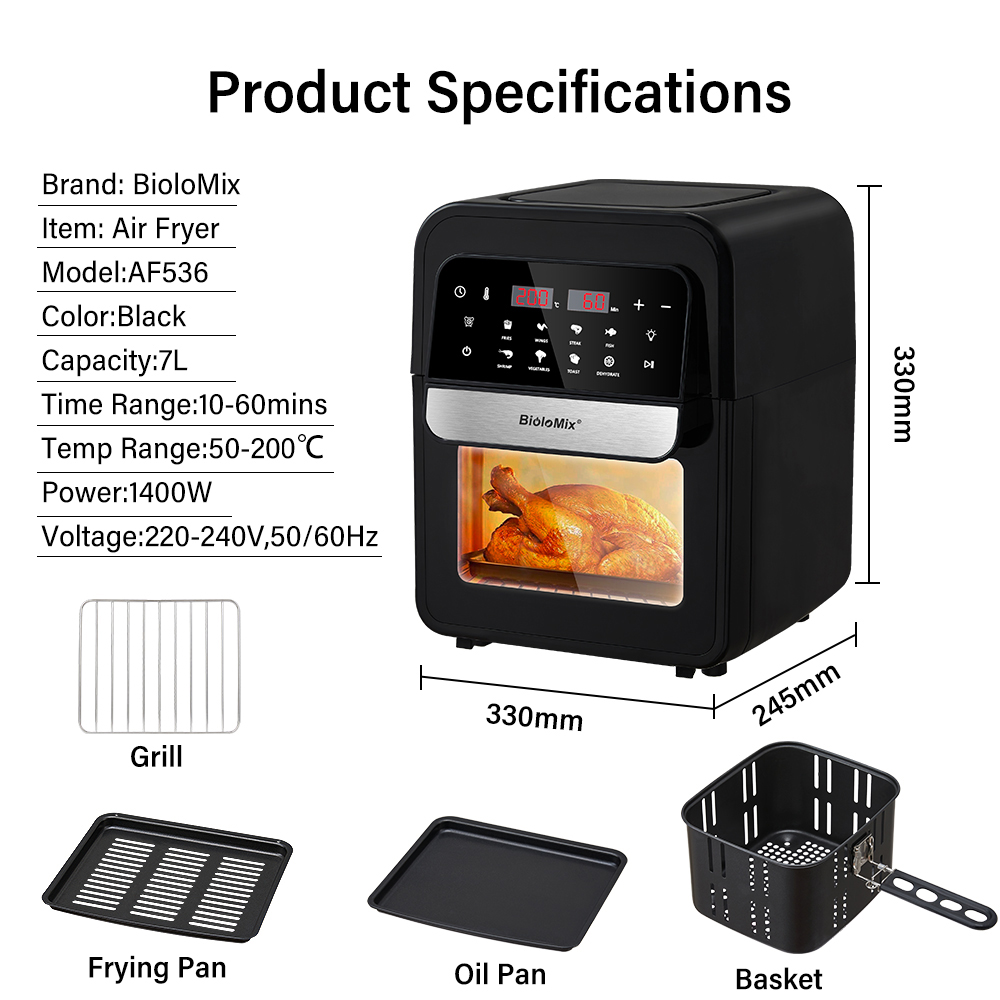 Multifunctional Biolomix New Design 7L Capacity Hot Countertop Tray Air Fryers Cooker Oven Smart With Digital Touch Cont