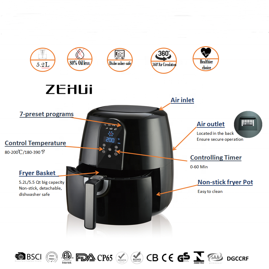 Household Digital No Oil 1800 Watt 5.2Liters Dishwasher Safe with non-stick Basket CB,GS,ETL,OEM, Air Fryer
