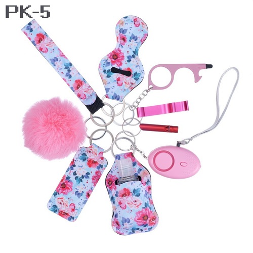 2023 new 's hot sale multi colors alarm pompom wristlet self defense keychain set