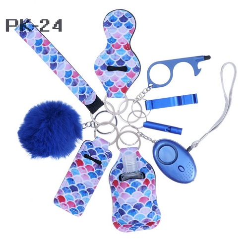 2023 new 's hot sale multi colors alarm pompom wristlet self defense keychain set