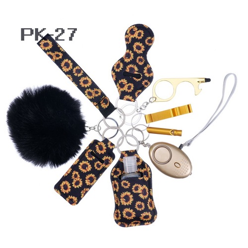 2023 new 's hot sale multi colors alarm pompom wristlet self defense keychain set