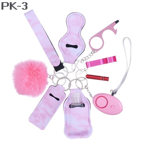 2023 new 's hot sale multi colors alarm pompom wristlet self defense keychain set