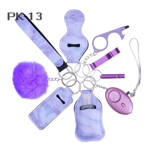 2023 new 's hot sale multi colors alarm pompom wristlet self defense keychain set