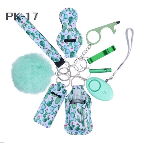 2023 new 's hot sale multi colors alarm pompom wristlet self defense keychain set