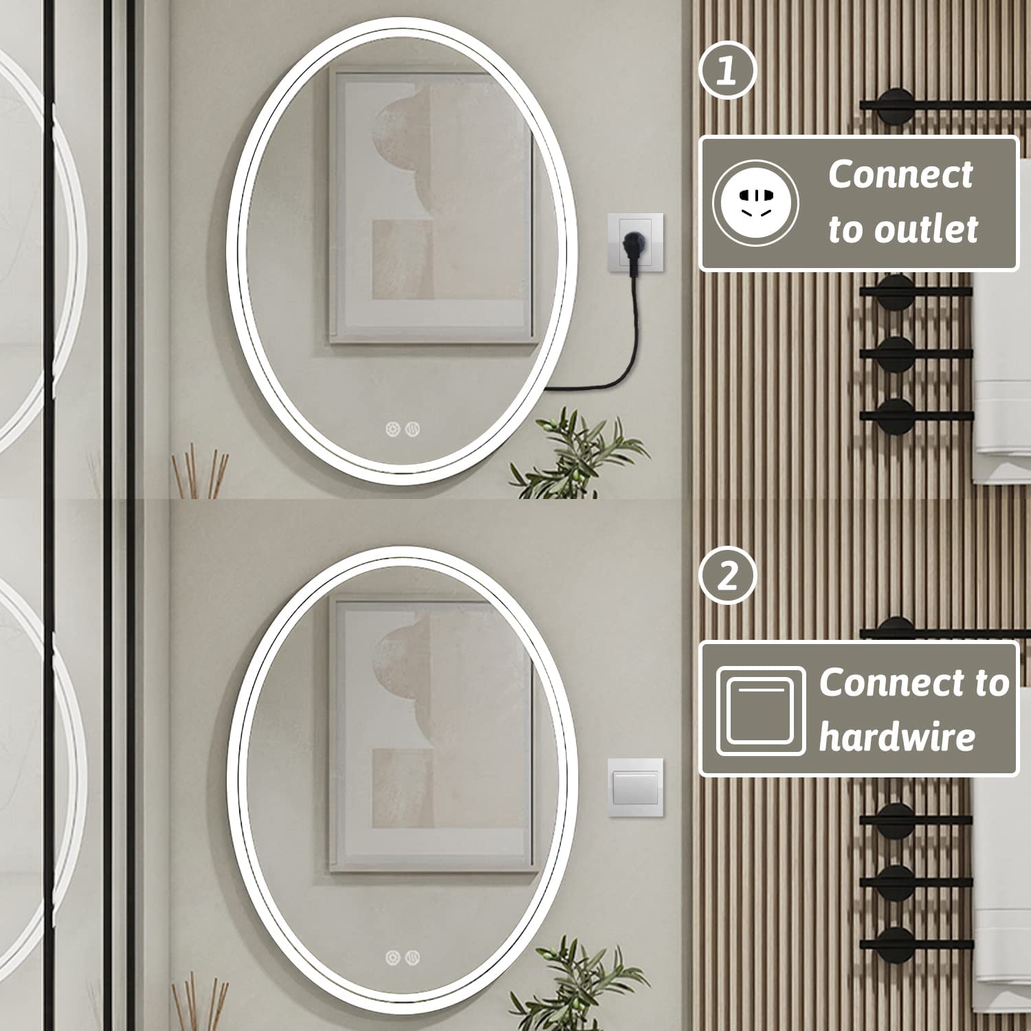 LED  Bathroom Mirror With Light  Anti-Fog Wall Mount Lamp IP 44 Vanity  Makeup Mirror Dimmable  Smart Touch  3 Colors  L