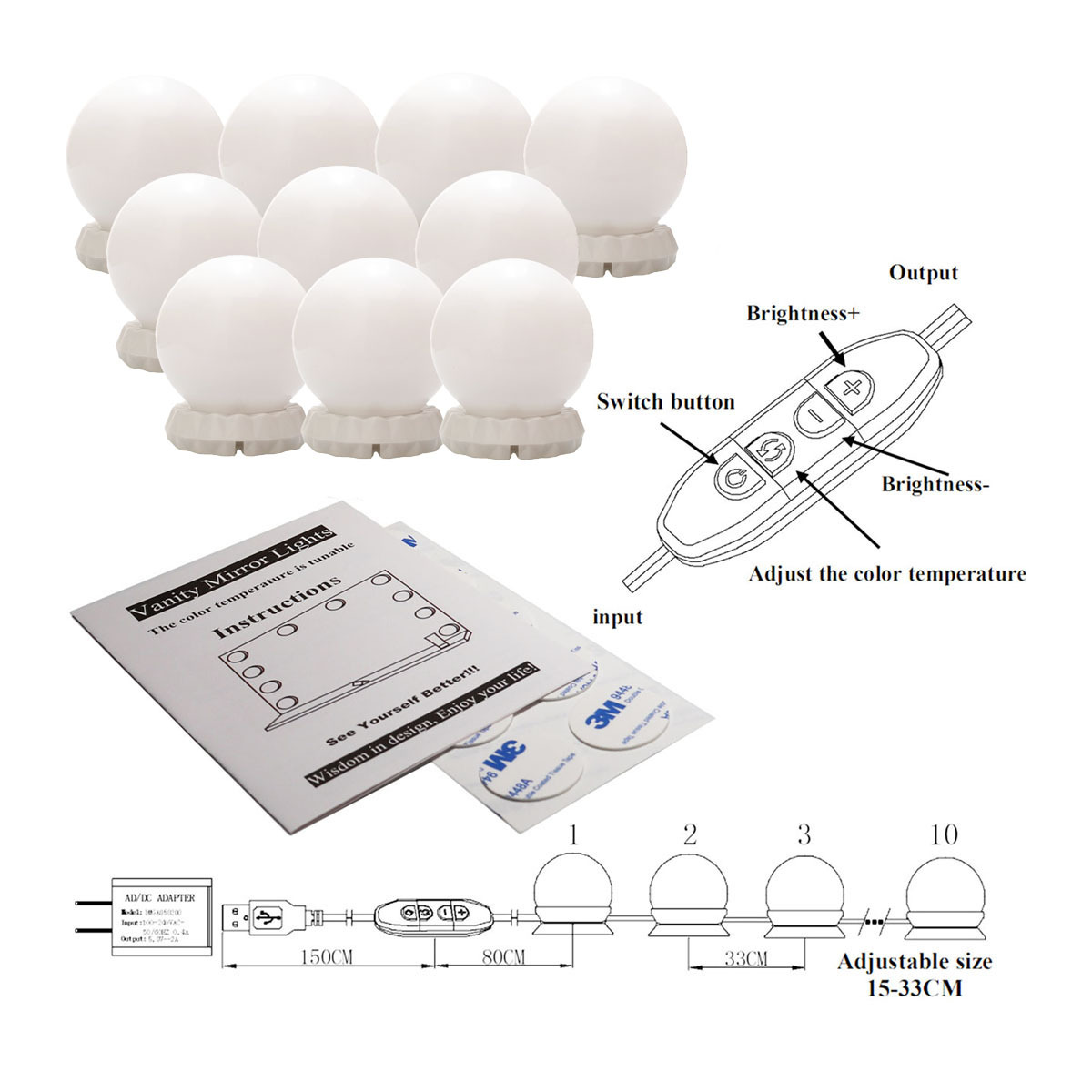 DIY hollywood LED Vanity bulb  with 10/12/14 Dimmable Light Bulbs for Makeup Dressing Table mirror decoration USB  vanit