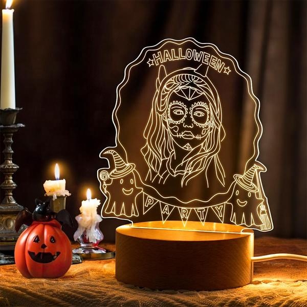  3D Photo Halloween LED Night Light Halloween Lamp Decoration With Round Wood Base