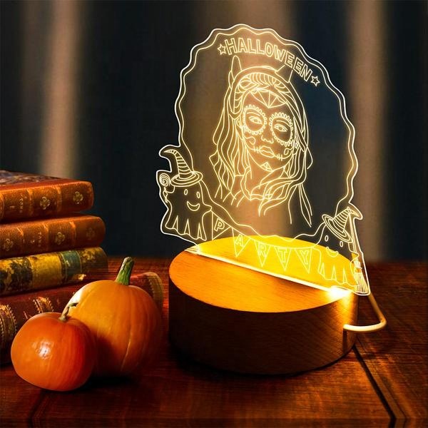  3D Photo Halloween LED Night Light Halloween Lamp Decoration With Round Wood Base