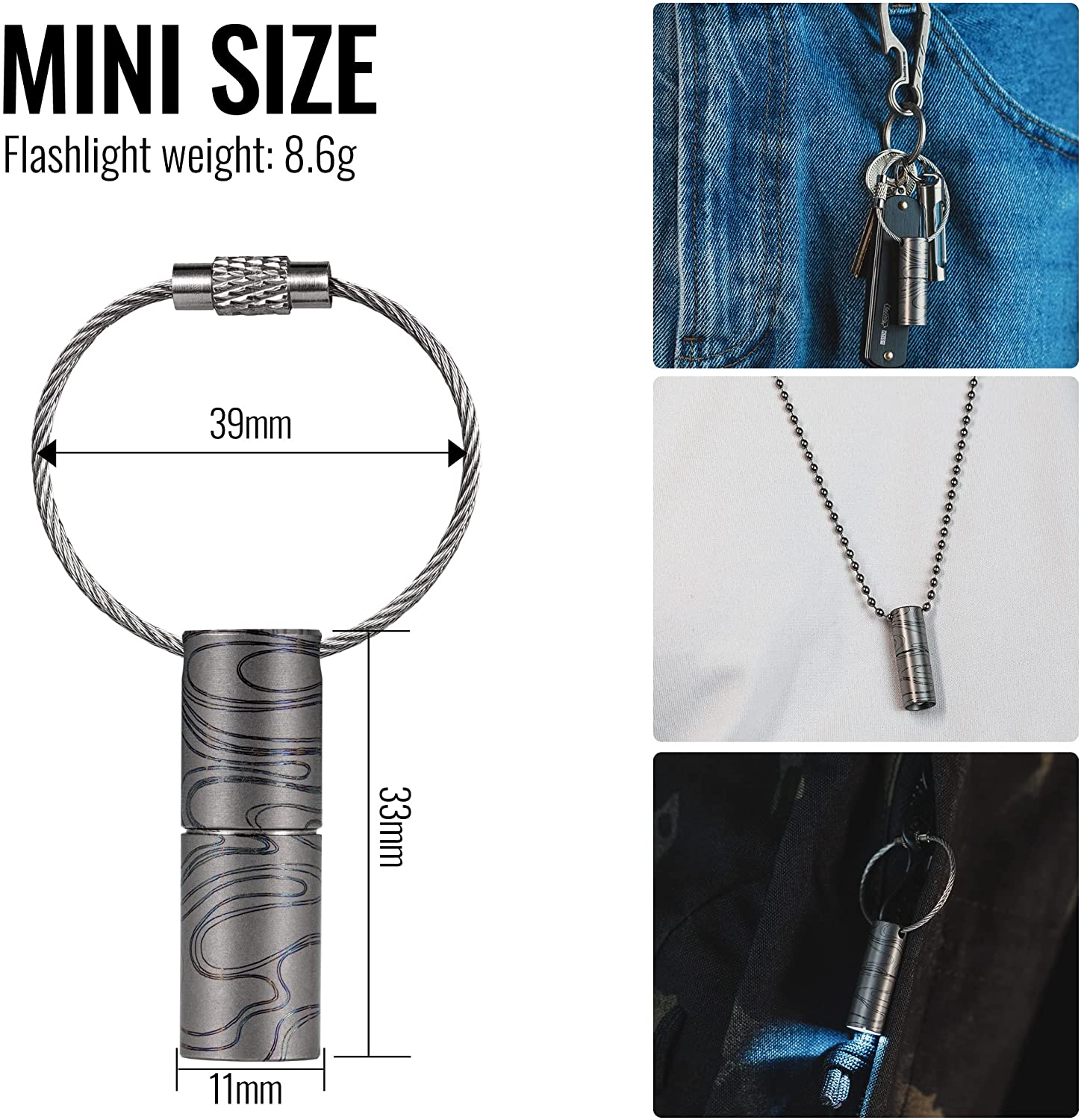 KeyUnity KF00 Cloud Pattern Titanium Mini Keychain LED Flashlights, 15 Lumens Waterproof Electric Torch Light Handheld