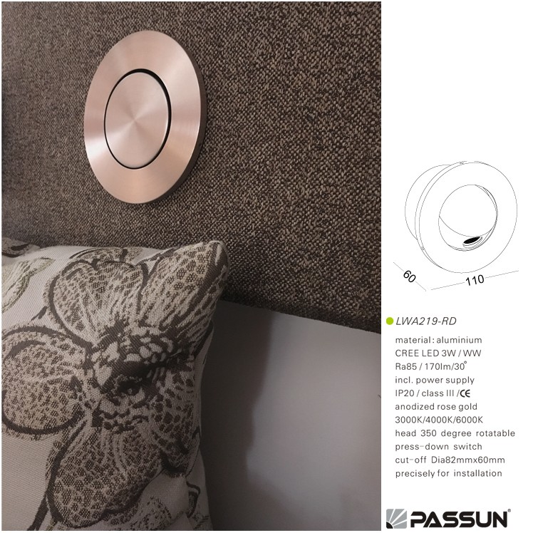 modern hotel home bedroom round wall recessed 3W book lamp headboard reading light