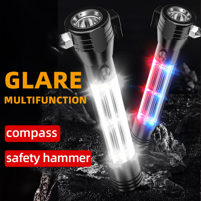 Multifunctional 7In1 Car Emergency Rescue Escape Solar Flashlight Compass Self Defense Rechargeable Solar Led Torch With