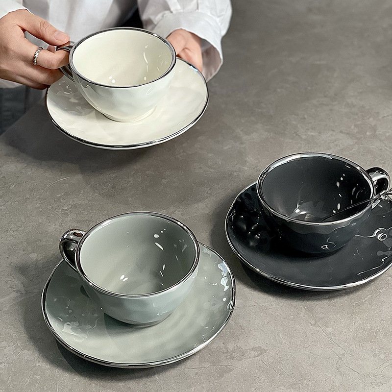 Light Luxury Coffee Cup Ceramic Nordic Wind Electroplated Silver Edge Delicate Afternoon Tea Coffee Cup And Dish Set Who