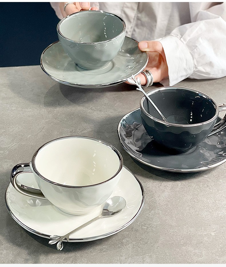 Light Luxury Coffee Cup Ceramic Nordic Wind Electroplated Silver Edge Delicate Afternoon Tea Coffee Cup And Dish Set Who