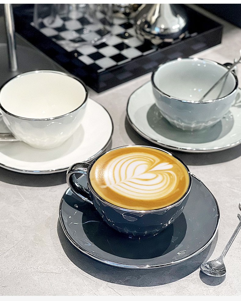 Light Luxury Coffee Cup Ceramic Nordic Wind Electroplated Silver Edge Delicate Afternoon Tea Coffee Cup And Dish Set Who