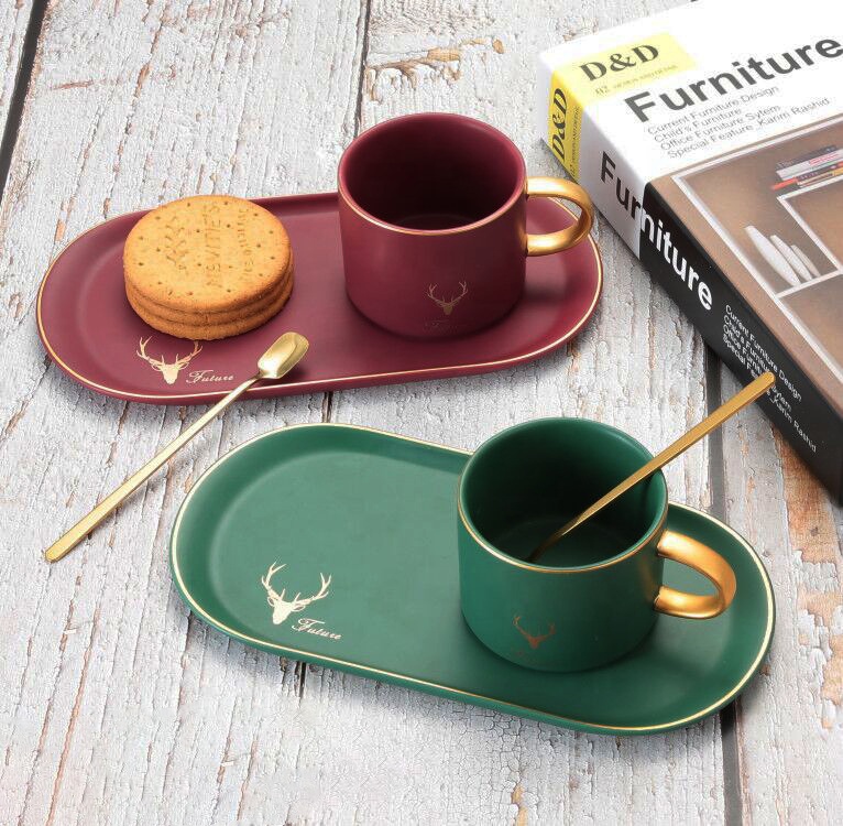 Ceramic Coffee Cup and Saucer Set 200ml Porcelain english Tea Cup with Saucer Golden Spoon for Espresso