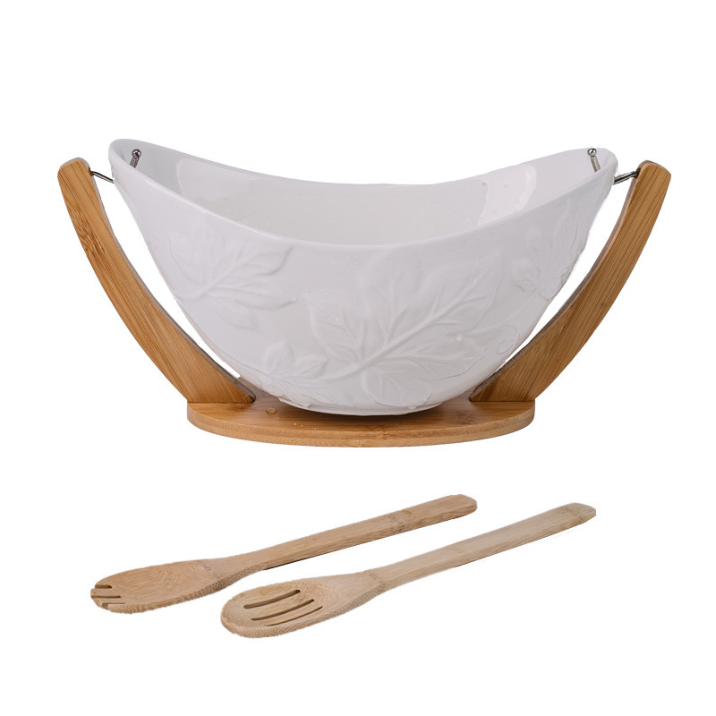 Dishwash safe over size ceramic bowl with hand holder oval shape ceramic bamboo salad bowl