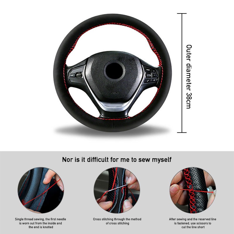 Suede Leather Car Steering Wheel Cover Braid 38cm DIY With Needle Thread