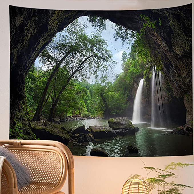 Fast Delivery Indoor Decoration Tropical Rainforest Waterfall Tapestry