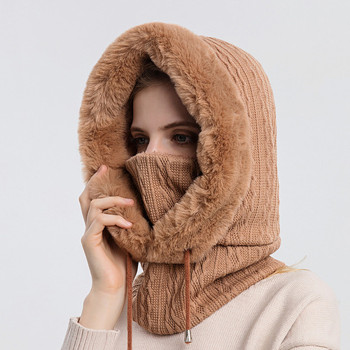 Women Slouchy Beanie Fur Cap Hats Scarf Mask Drawstring Warm Hooded Winter Pullover Knitted Hat