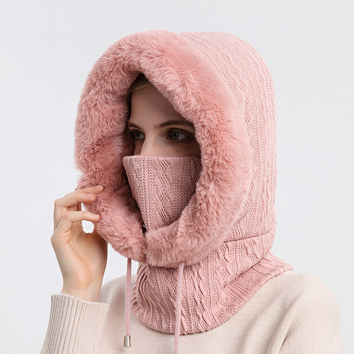 Women Slouchy Beanie Fur Cap Hats Scarf Mask Drawstring Warm Hooded Winter Pullover Knitted Hat