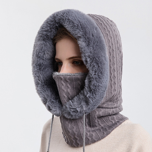 Women Slouchy Beanie Fur Cap Hats Scarf Mask Drawstring Warm Hooded Winter Pullover Knitted Hat
