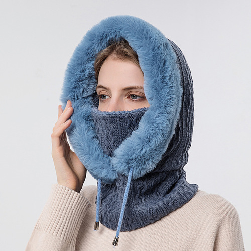 Women Slouchy Beanie Fur Cap Hats Scarf Mask Drawstring Warm Hooded Winter Pullover Knitted Hat
