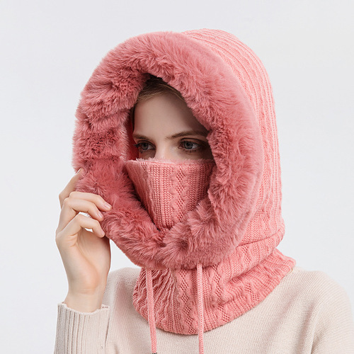 Women Slouchy Beanie Fur Cap Hats Scarf Mask Drawstring Warm Hooded Winter Pullover Knitted Hat