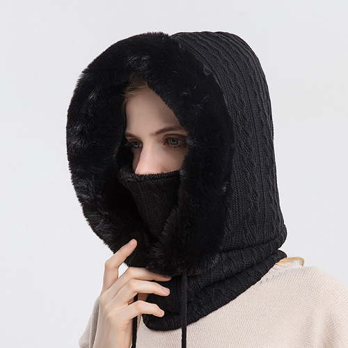 Women Slouchy Beanie Fur Cap Hats Scarf Mask Drawstring Warm Hooded Winter Pullover Knitted Hat