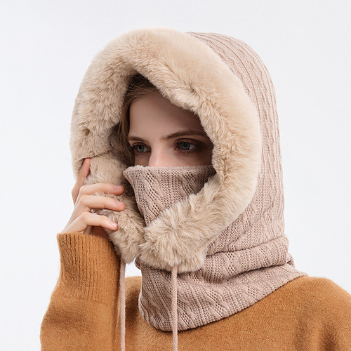 Women Slouchy Beanie Fur Cap Hats Scarf Mask Drawstring Warm Hooded Winter Pullover Knitted Hat