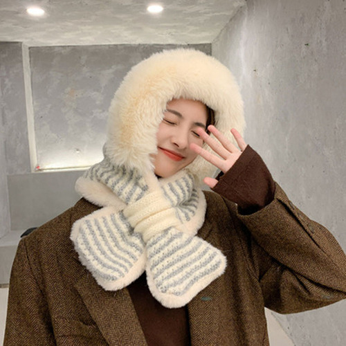 Fashion Designed Striped Plush Hats and Scarfs Winter Thickened Pullover Hat Warm Scarf