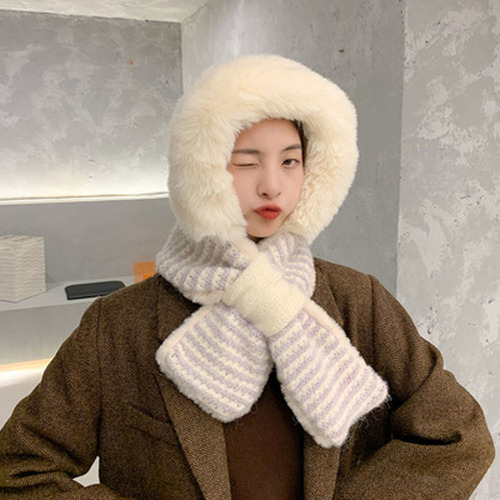 Fashion Designed Striped Plush Hats and Scarfs Winter Thickened Pullover Hat Warm Scarf