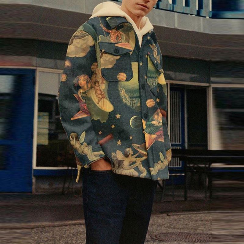Shirt Jacket Men Autumn Fashion Casual Men Coats and Jackets Print Collar Korean Newest Design Turn Down Hip-hop Boys fo