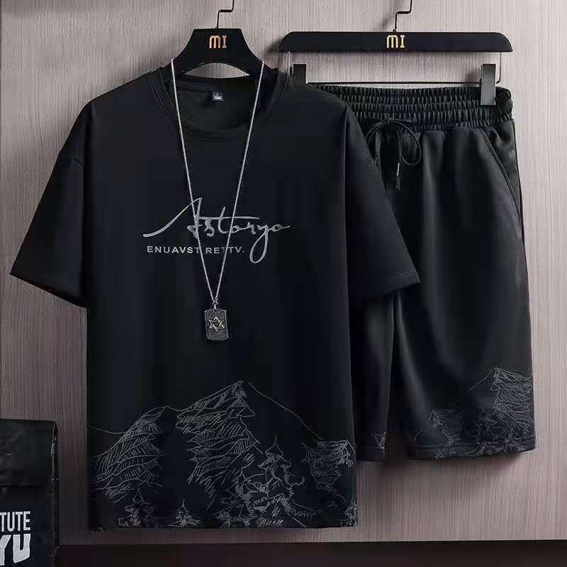 Breathable Casual T Shirt Running Set Harajuku Male Suit Men's 2pcs Set T-shirt + Shorts Set