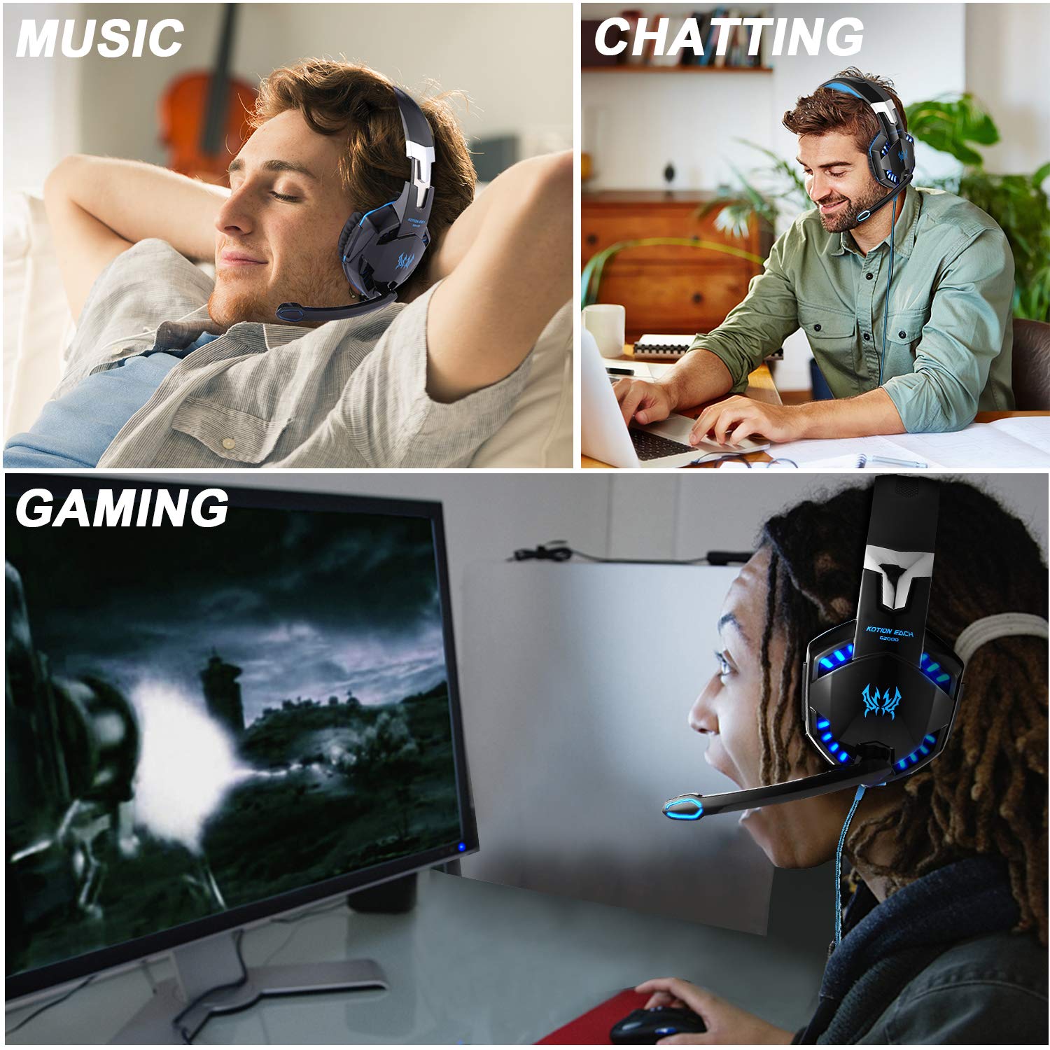 KOTION EACH G2000 Gaming Headphones With Mic LED Light Over Ear Wired Headset For PC Game
