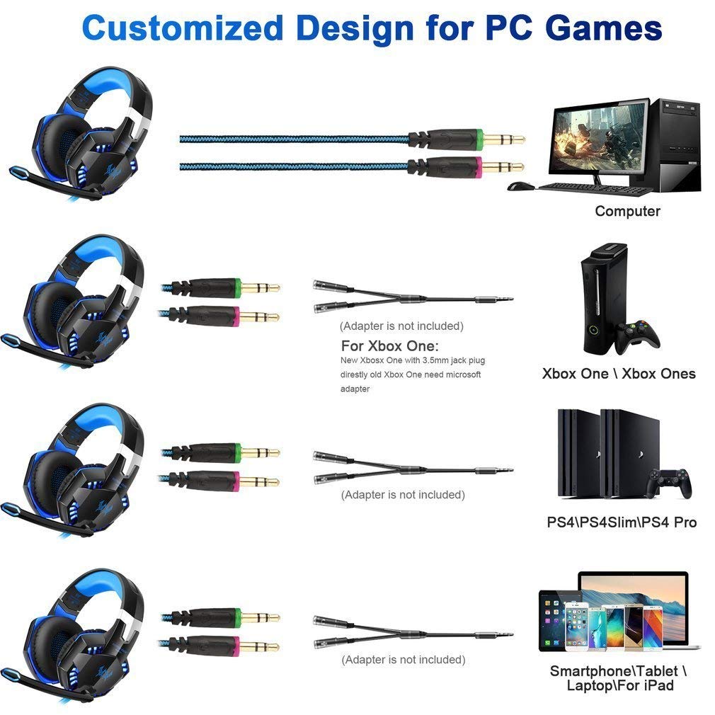 KOTION EACH G2000 Gaming Headphones With Mic LED Light Over Ear Wired Headset For PC Game