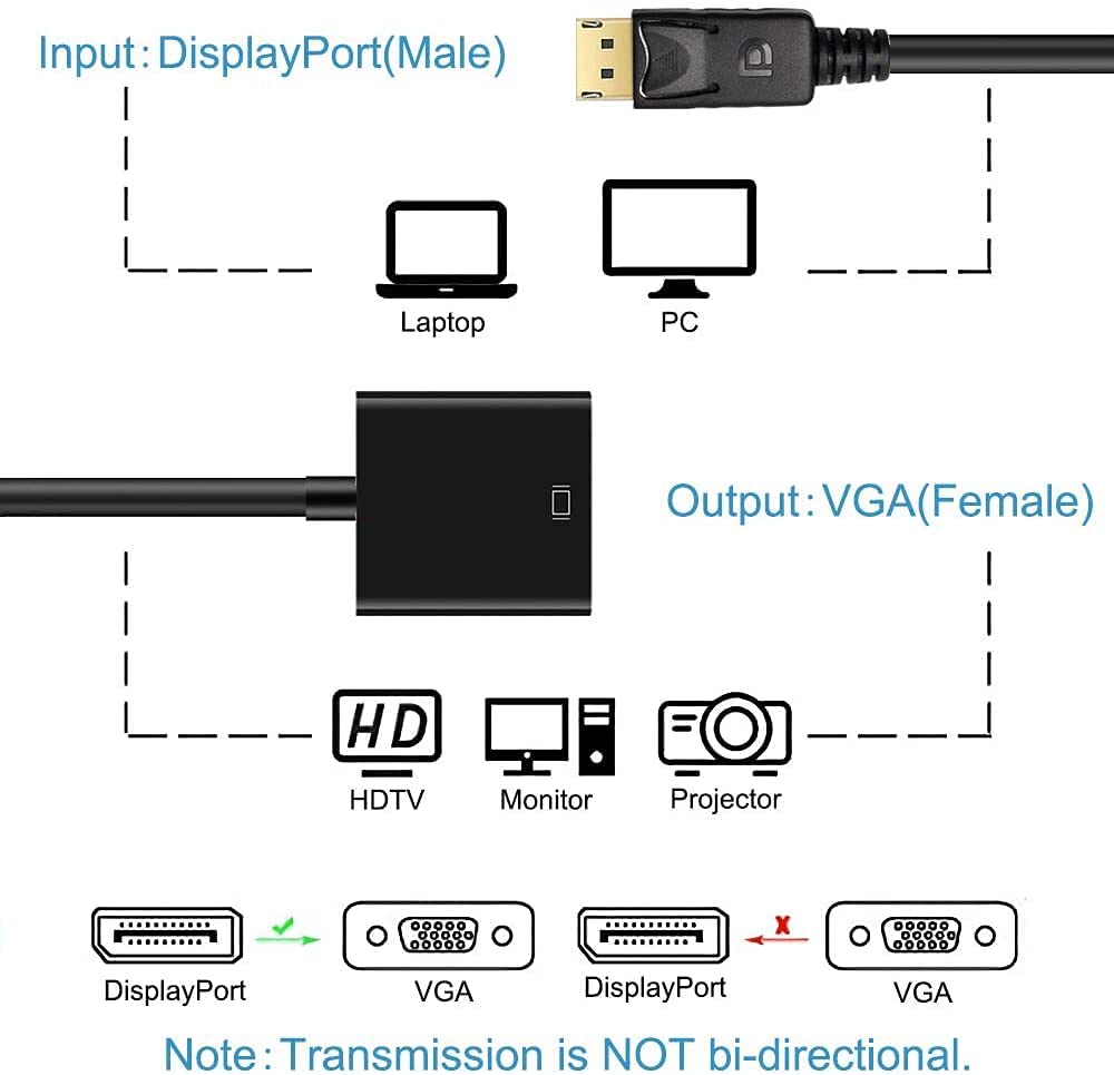 DP to VGA Adapter Cable 1080P DisplayPort Male to VGA Female Converter Adapter For Projector DTV TV HDTV Laptop